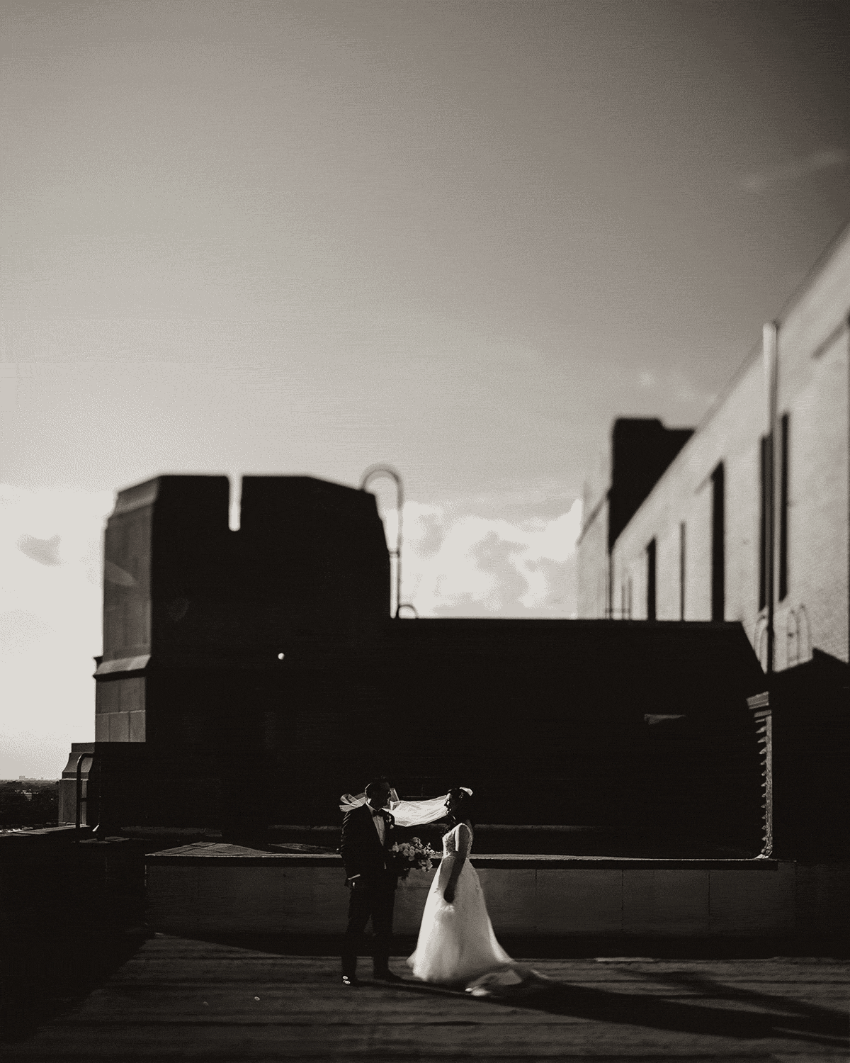 sunset rooftop windy veil high contrast black and white